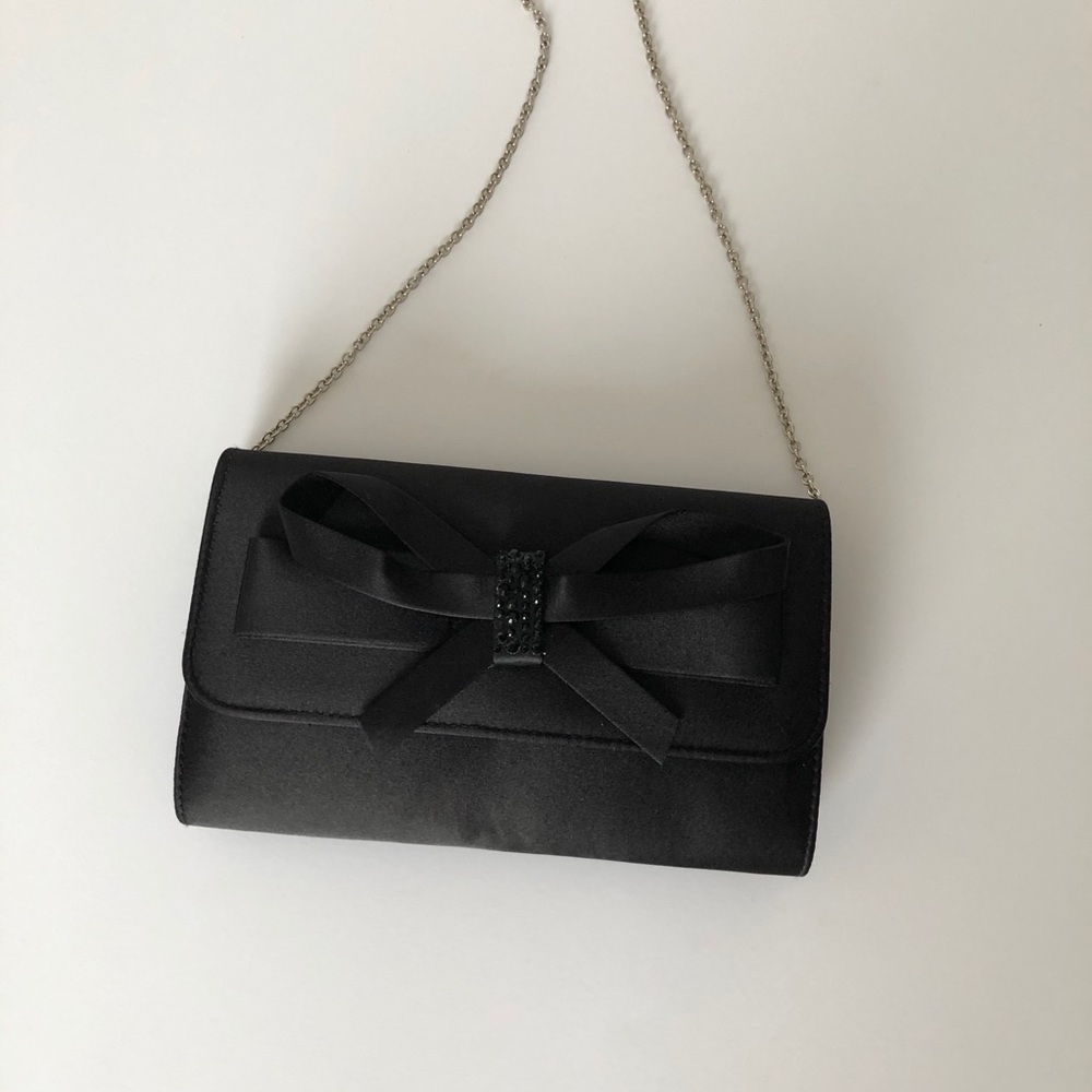 Black Clutch with Bow Detail & Silver Chain Strap